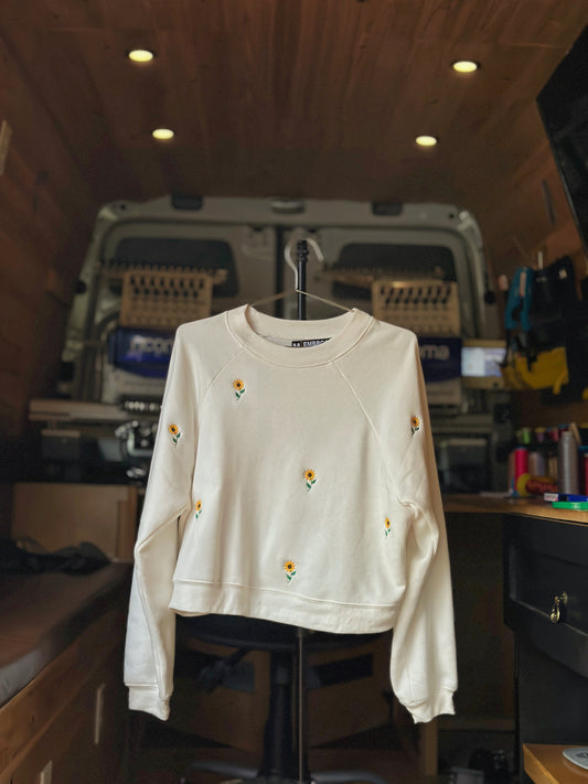 Butter White Crew Neck + Sunflower Embroidery